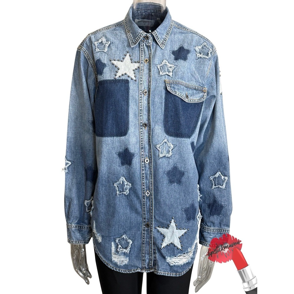One Teaspoon Johnny Top Blue Chambray XS Star Studded Distressed Denim Shirt